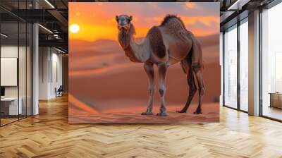 Camel in the desert on a sunny day. Wall mural