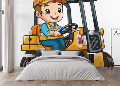 Cartoon character of a little boy driving a forklift truck. Wall mural