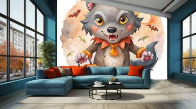 Charming Watercolor Clipart Featuring a Cute Werewolf for Halloween Themed Projects Wall mural