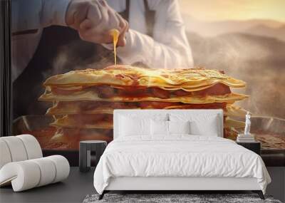 chef cooking Lasagna outdoor background Wall mural