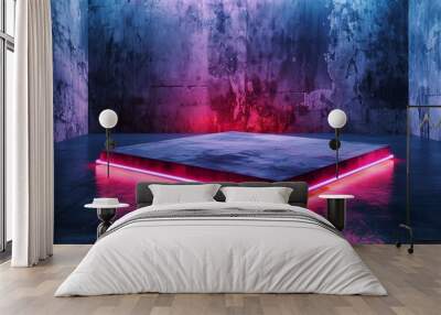 Chic Neon Light Display Platform on a Grunge Concrete Floor in a Charcoal Grey Art Gallery, Wall mural