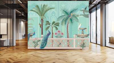 Chinoiseries peacock, Birds Palace garden royal Wallpaper. moroccan decorative garden with peacock frame. Wall mural