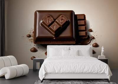 Chocolate bar, candy sweet, cacao beans and powder on wooden background
 Wall mural