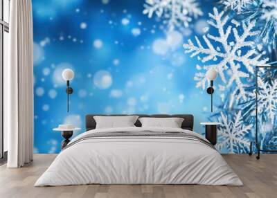 Christmas blue background with snow Wall mural