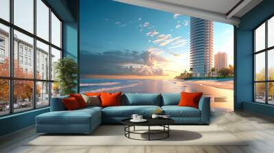 city views from the beach, sea views and tall buildings visible Wall mural