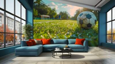 close-up photo of a professional soccer player playing football on a green grass pitch at a big stadium. dribbling the ball against opponents. soccer match on a field. Generative AI Wall mural