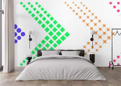 Color halftone arrows. Dotted arrow signs, red, green and blue, orange directional sign. Pointers with round, square and hexagon, diamond pixels. Vector icons Wall mural