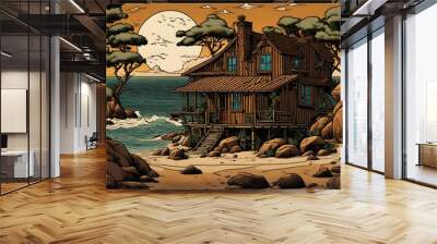 Comics, in the style of Calvin and Hobbes, a playful depiction of a quirky brown house on a sandy seashore, surrounded by whimsical rocks and animated trees Wall mural