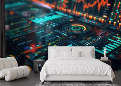 conceptual piece featuring a series of digital financial instruments, like virtual bonds and stocks, arranged on a high-tech dashboard Wall mural