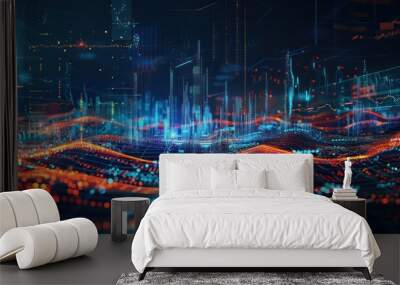 conceptual piece illustrating the integration of technology in financial trading, depicted as a digital landscape with abstract elements Wall mural