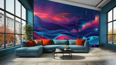 conceptual piece illustrating the integration of technology in financial trading, depicted as a digital landscape with abstract elements Wall mural