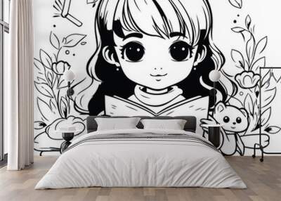 Cute little girl reading a book. Black and white vector illustration. Wall mural