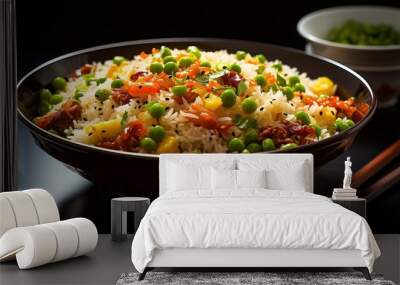 Delicious homemade fried rice sprinkled with shallots and a little green vegetables Wall mural