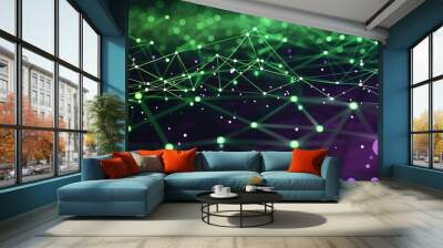 Dynamic technology background featuring green and purple dots connected in an intricate plexus pattern Wall mural