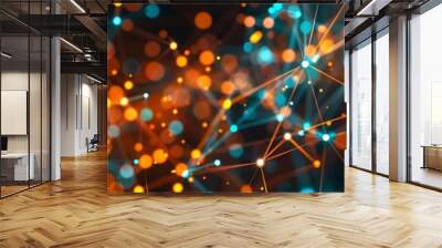 Dynamic technology background featuring orange and blue dots connected in a detailed plexus network Wall mural