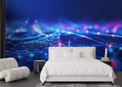 Dynamic technology background with bright neon dots and lines forming a vast plexus network Wall mural