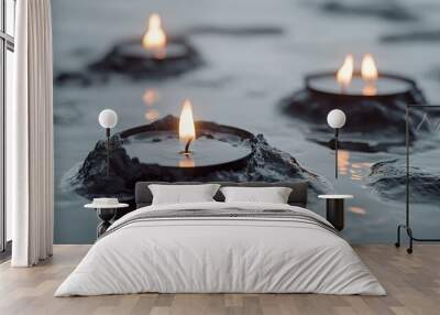 Eerie floating candles casting light on a white background Wall mural