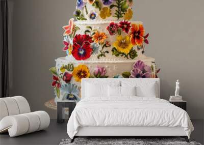 Elegance in Layers: A Spectacular Three-Tiered Cake with Floral Flourish-1 Wall mural