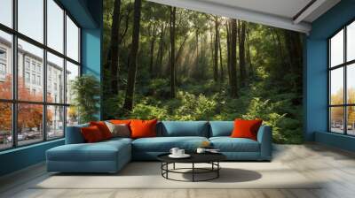 Enchanting Forest Glades: Explore the lush greenery of a secluded forest glade bathed in dappled sunlight, evoking a sense of peace and serenity.

 Wall mural