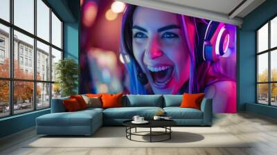 Female Gamer Focused and Laughing with Headset Wall mural