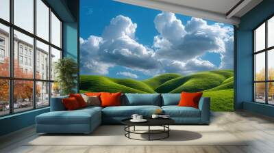 Fluffy, white clouds slowly drifting between rolling, lush green hills under a bright blue sky. The hills are covered with vibrant green grass, creating a serene and peaceful landscape. Wall mural