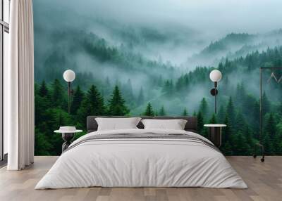 Foggy Morning in Lush Green Pine Forest Wall mural