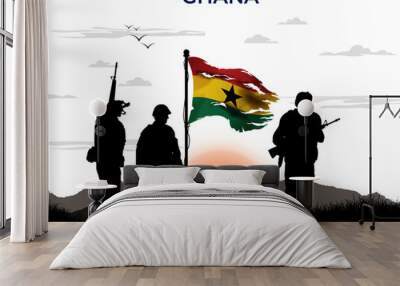 Ghana National Flag Waving After War Victory. Silhouette Soldier Holding Flag of Ghana in Front of Sunset. Background, Illustration Wall mural