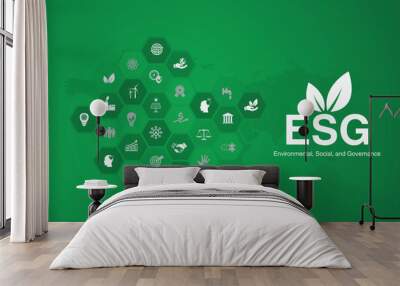 green gradient background with world map with ESG icon. concept of business trend. environmental, social, and governance in sustainable and ethical business Wall mural