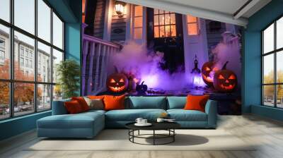 A spooky Halloween purple and white light themed front porch decorated with lanterns, pumpkins and fog smoke, Halloween background Wall mural