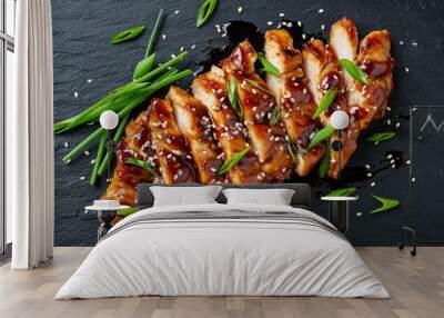 Chicken teriyaki served in black marble background Wall mural