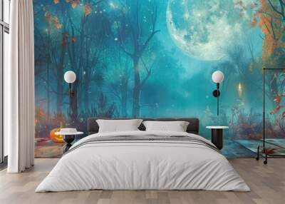 Halloween Poster Design: Scary Jack-O’-Lantern with Pumpkins and Candles on Wooden Table and Full Moon Wall mural