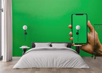 hand holding a smartphone on a green wall Wall mural