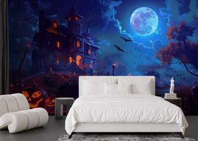 spooky haunted house spooky haunted house surrounded by eerie trees, glowing lanterns, dark full moon, pumpkins scattered, the background has a halloween theme,  fantasy Wall mural