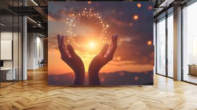 hands holding the sun at dawn, hands like holding round stars and the sun Wall mural