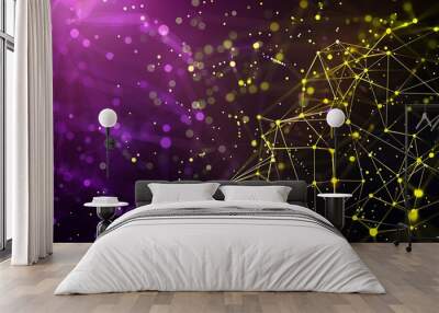 High-tech background with yellow and purple dots and lines creating an intricate plexus network Wall mural