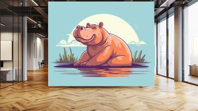 Hippopotamus on the lake. Vector illustration in retro style Wall mural