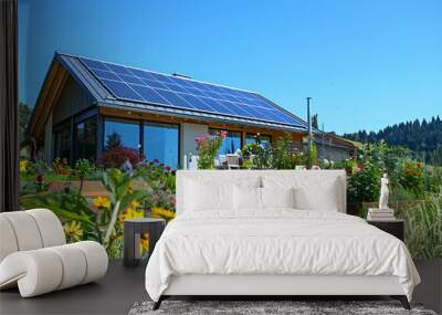 House with solar panel on the roof and garden in front of it ,Clean energy house Solar cell on roof Wall mural