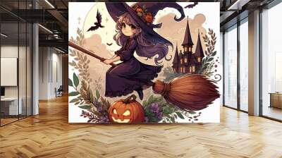 illustration of  witch on broom , illustration of a Cute witch on a broom cartoon , illustration of a witch flying on broom Wall mural