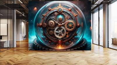 Intriguing Transparent Clock Gears Mechanism in Motion Wall mural