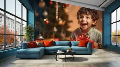  happy kid opening christmas present Wall mural