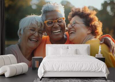 three middle aged diverse ladies laughing enjoying in park after a run Wall mural