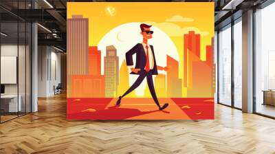 cartoon vector illustration of Heatwave hustle, Stickman businessman walks, tongue wagging in the heat Wall mural