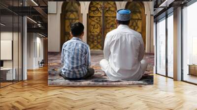 PhotoStock Back view of Muslim father and son praying in mosque, depicting Islamic concept Wall mural