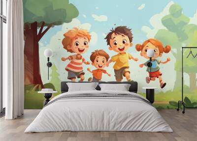 vector illustration of Happy Children Playing Outside. Wall mural