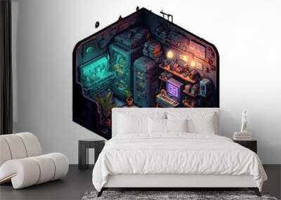 Isometric 16 bit game asset interior of cyberpunk Wall mural