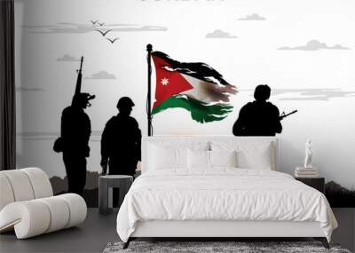 Jordan National Flag Waving After War Victory. Silhouette Soldier Holding Flag of Jordan in Front of Sunset. Background, Illustration Wall mural