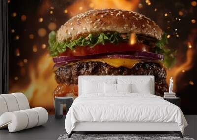 Juicy Cheeseburger with Flames Wall mural