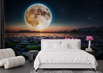 Loy Krathong festival with colorful candles light and full moon in Thailand background. Floating ritual banana leaves vessel lamp and lotus flower into the
 Wall mural