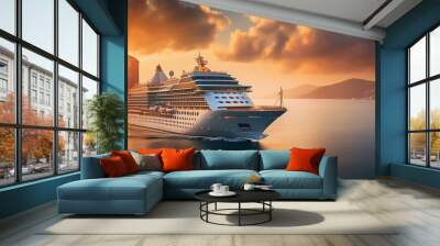 Luxury cruise ship sailing to port on sunrise. AI generated  Wall mural