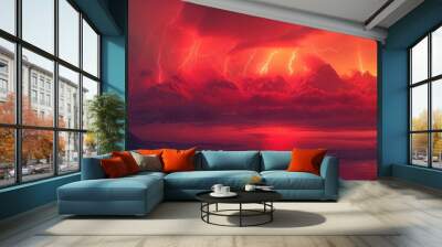 Nature background - lightnings in red sky 8k Wall mural